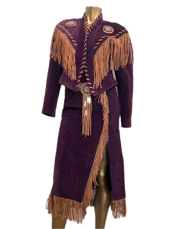Vintage Dresses & Skirts - Vintage Frontier Collection Suede Leather Fringe Beaded Jacket/Skirt Set L-5/6